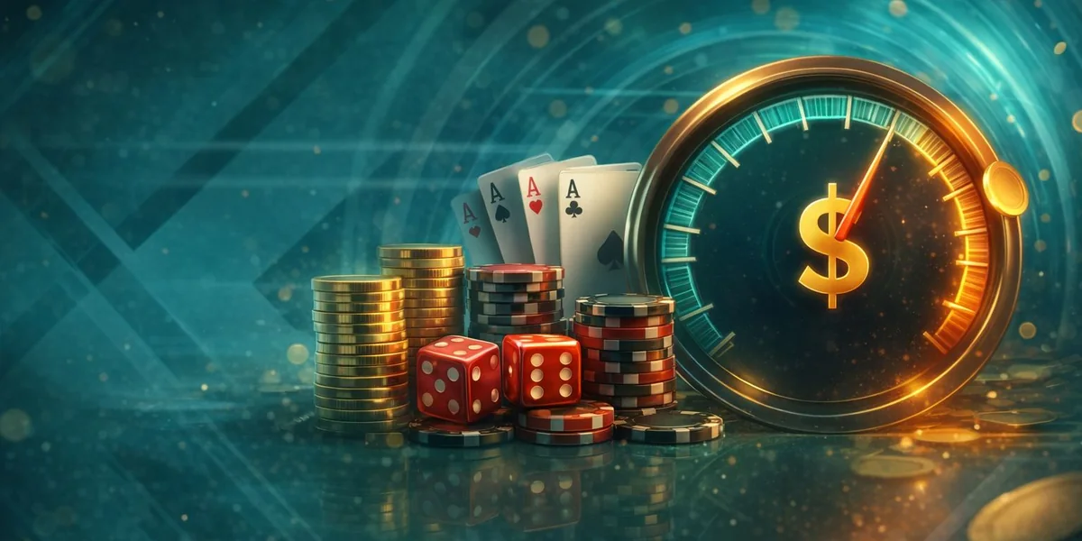 Gold coins, playing cards, dice and casino chips