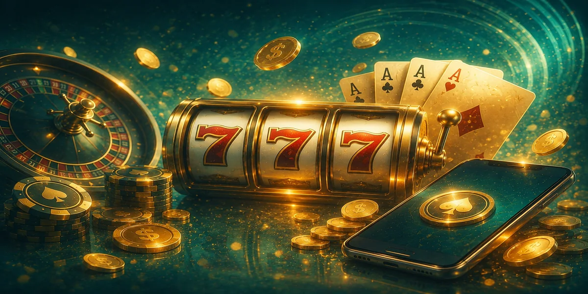 Slot reel 777, roulette wheel, playing cards and chips