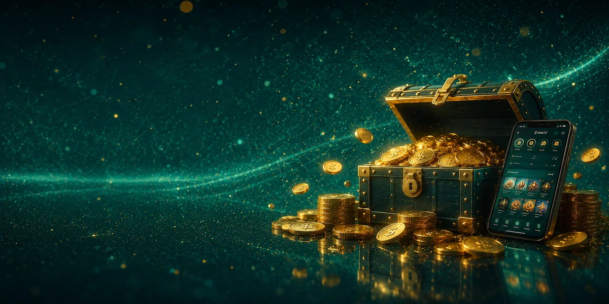 Treasure chest of gold coins beside a smartphone