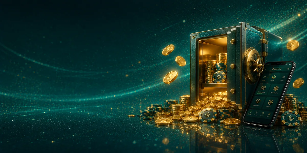 Open safe spilling gold coins and chips beside a smartphone