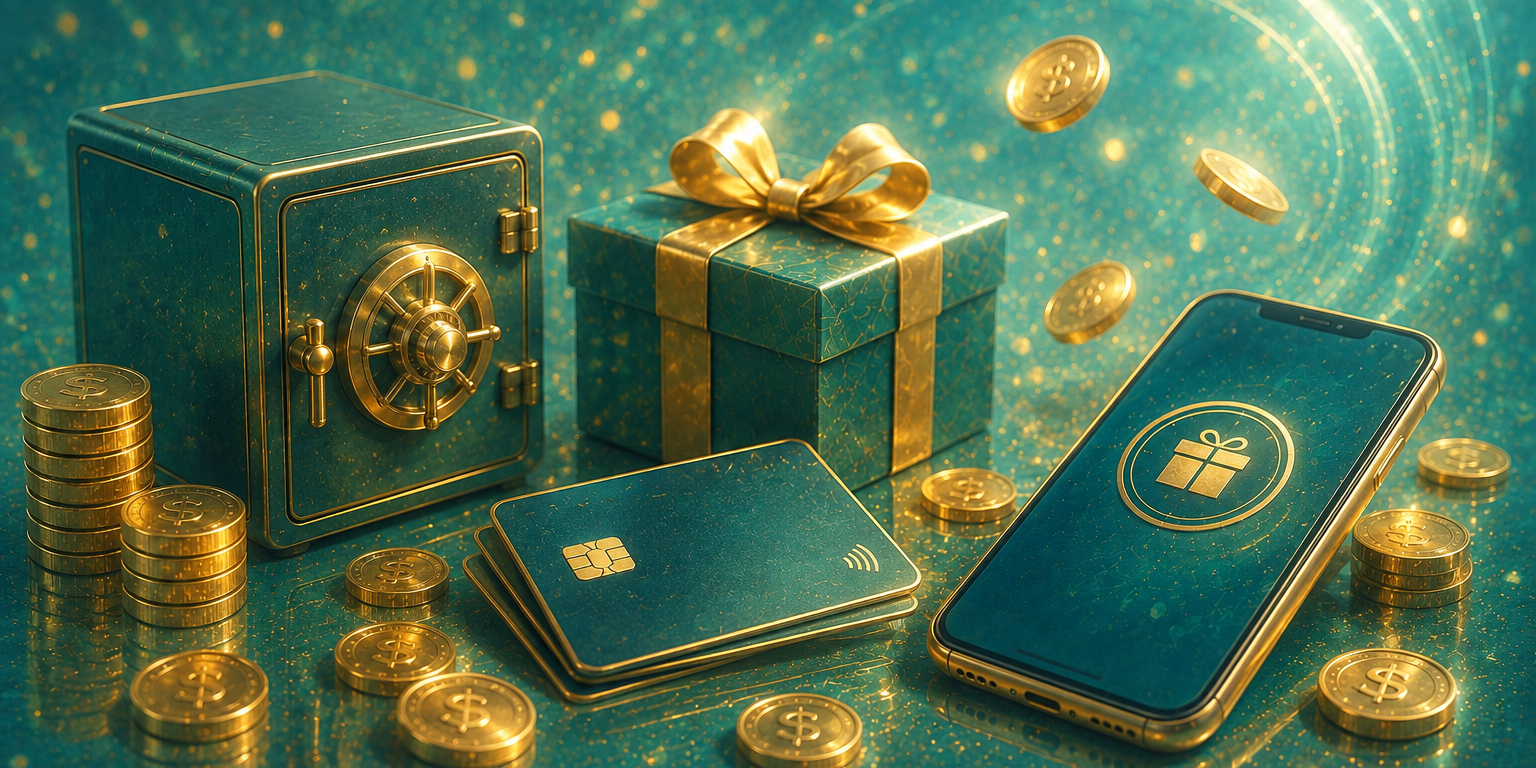 Safe, gift box, bank cards and a smartphone among gold coins